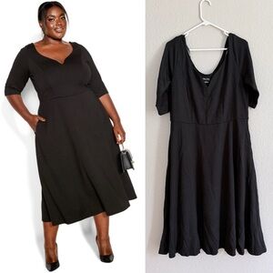 City Chic Plus Size Classic Black Midi Dress Cute Girl Elbow Sleeve